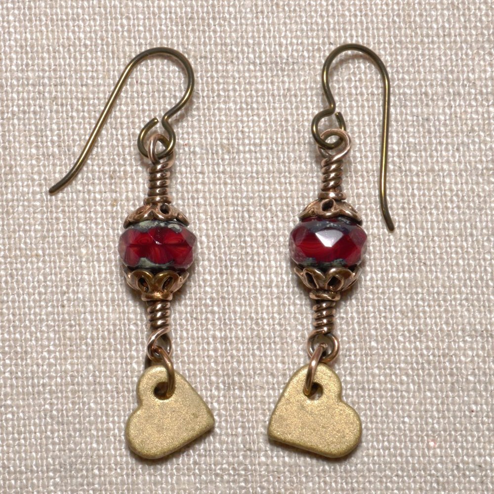 Hand Crafted Handmade Earrings Red & Gold Vintage Inspired Heart Dangle …